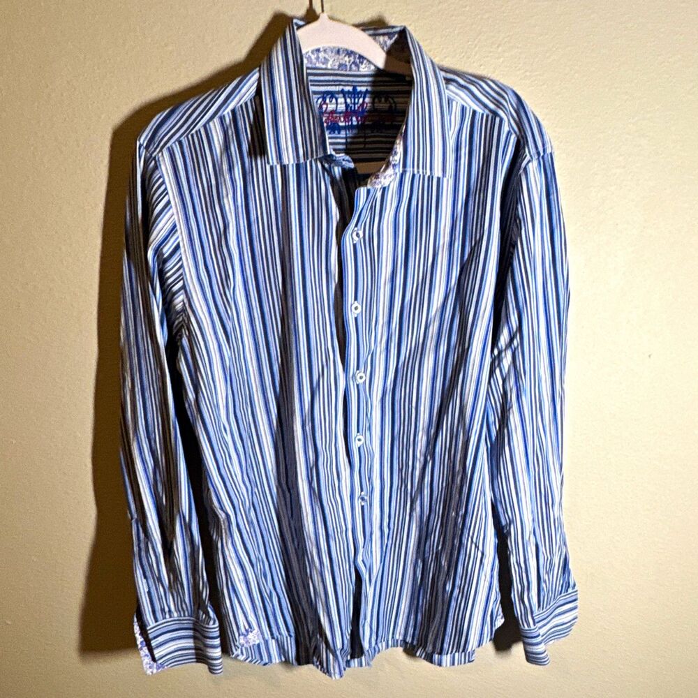 Robert Graham Men’s Classic Fit Striped Dress Shirt L 32/33 Blue/White Cotton